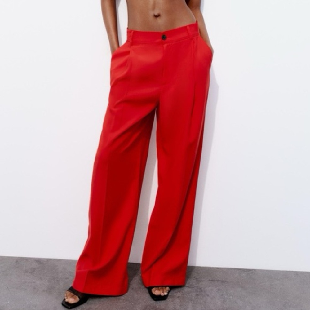 Zara Red Modal Blend Flowy Straight Leg Pants